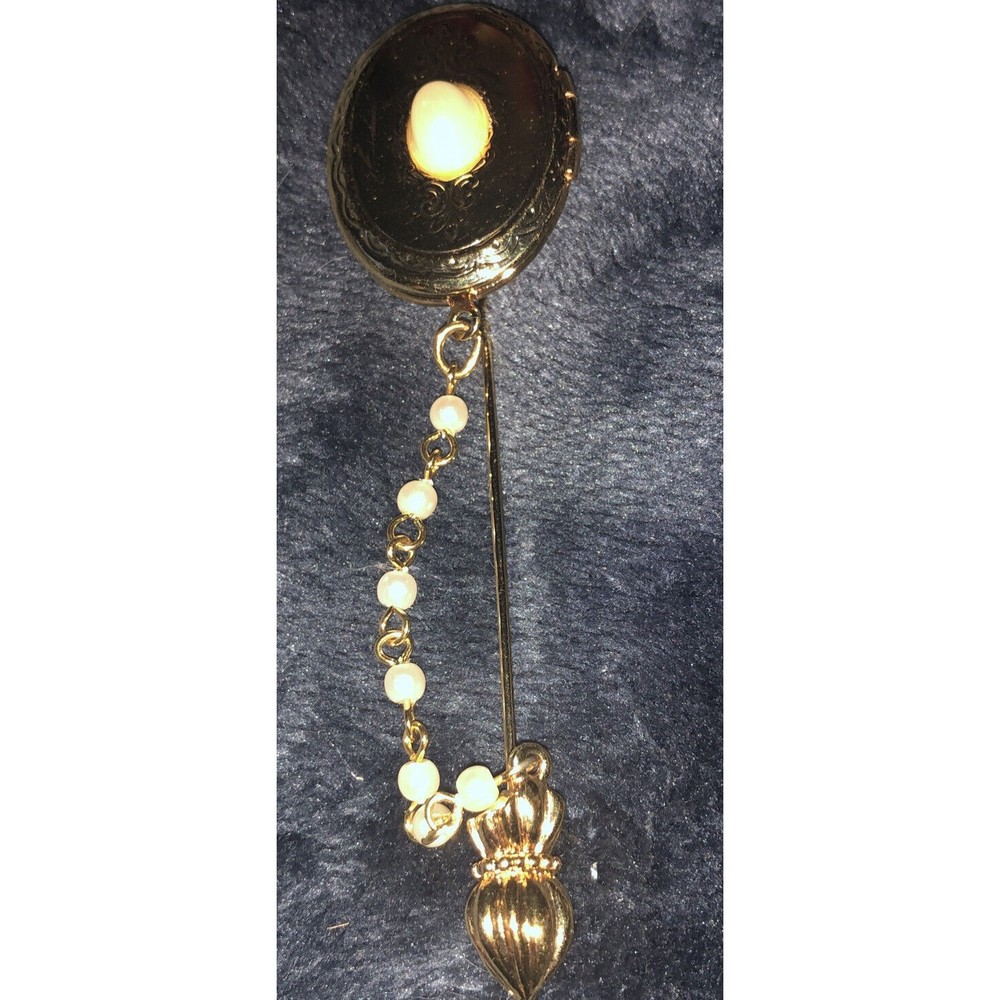 Vintage Goldtone Locket Stick Pin with Faux Pearl Chain